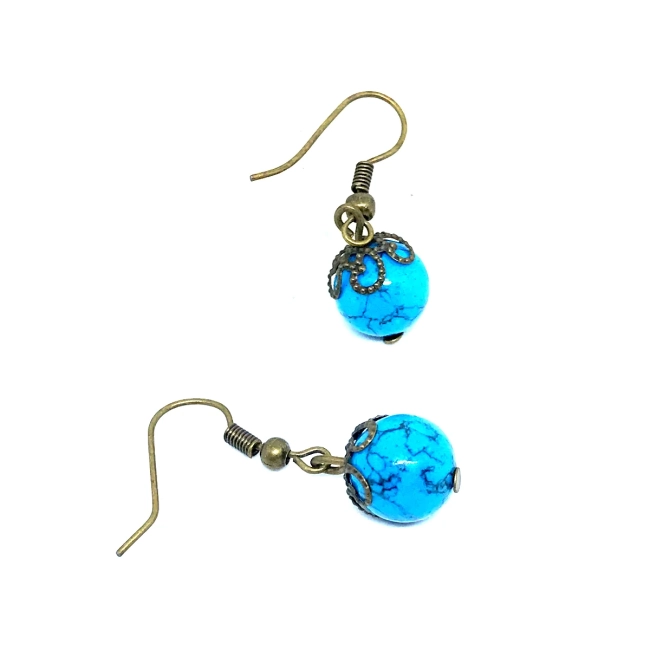 Brinco Vintage Ouro Velho Esfera Turquesa Reconstituída 10mm