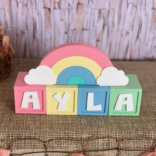 Decoração Bebê Candy Colors - Cubos 6x6cm Ts + Arco Íris.
