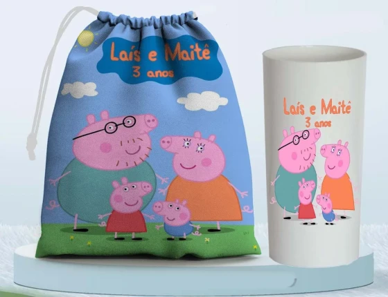 Kit Saquinho Surpresa e Copo Long Drink Personalizado da Peppa