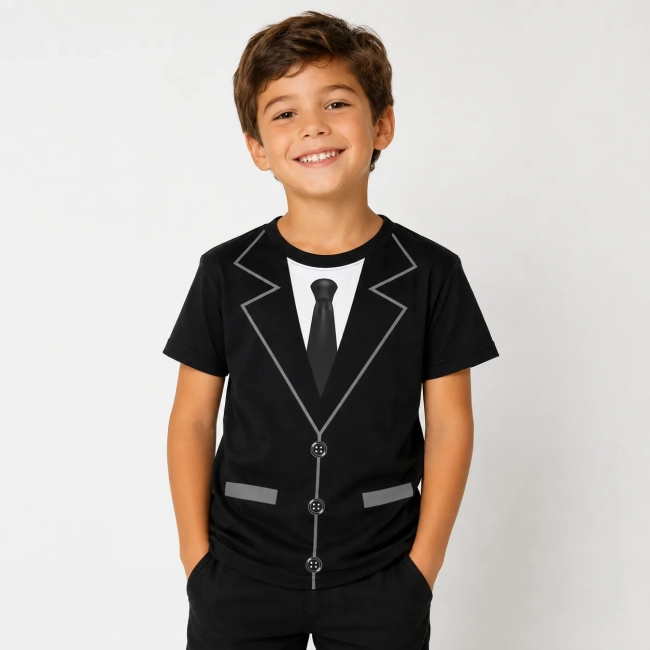 Camiseta Infantil Fantasia Terno Preto e Gravata Social
