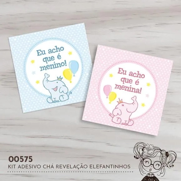 Kit Adesivos Quadrados Chá Revelação Elefantinhos - 00575