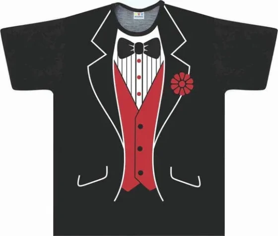 Camiseta Infantil Fantasia Smoking de Gala com Colete Vermelho e Gravata Borboleta