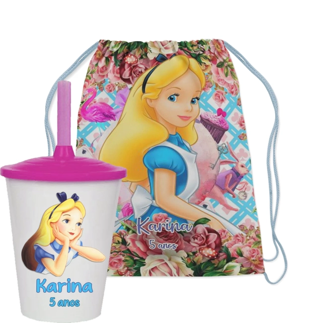 Kit Mochila e Copo Twister personalizadodos da Alice no País das Maravilhas