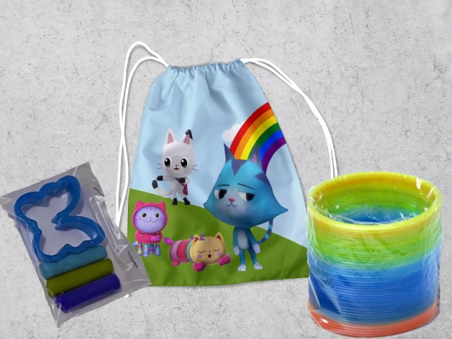 Kit Mochilinha + Mini Massinha de modelar e Mola Maluca Casa Magica da Gabby