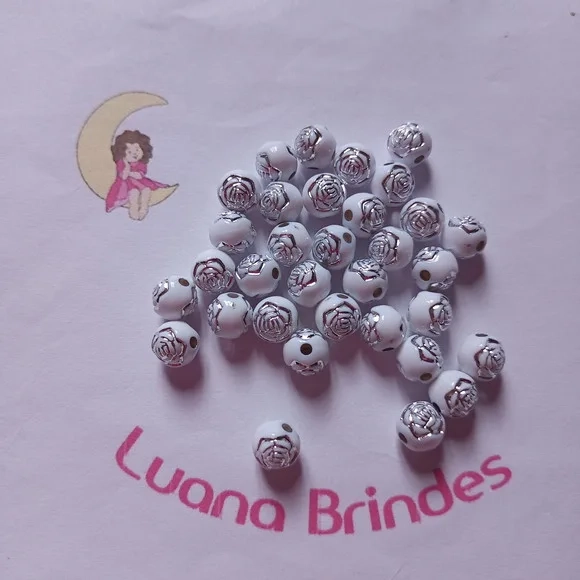 Bolinha Branca com Flor Prata 8mm Pct 100 Unidades