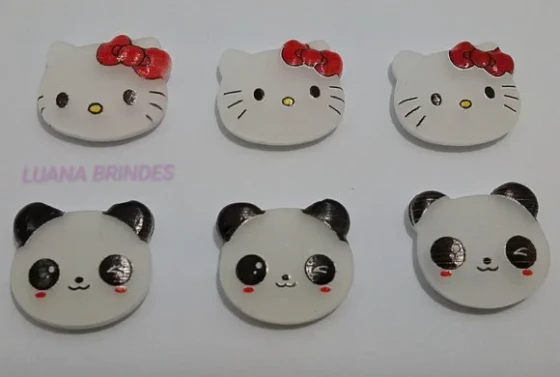 Aplique Panda e Hello Kitty de borracha - pct c/ 8 unidades
