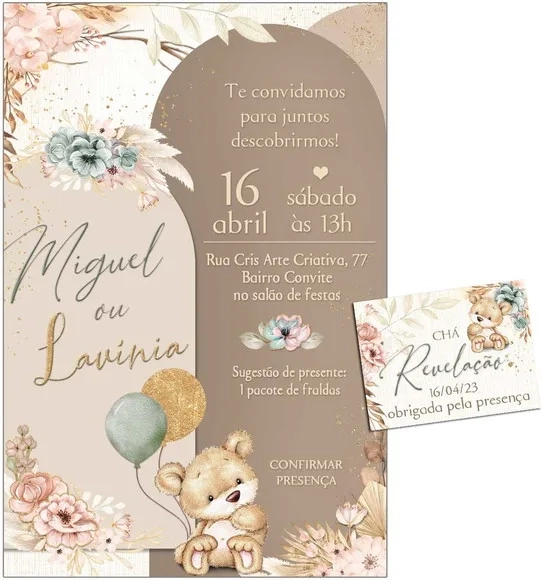 Convite Digital C/tag Chá de Bebê Revelação Boho