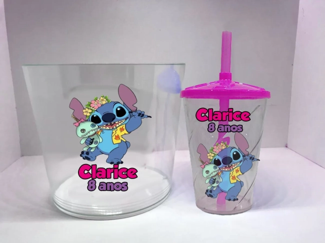 Kit Balde de Pipoca acrilico + Copo twister Personalizado do Stitch