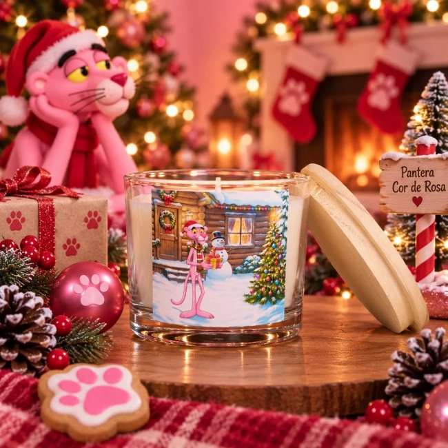 Vela Aromática no Copo Personalizada Natal Pantera Cor de Rosa - Trabalhamos com outros temas - Informar  tema no chat