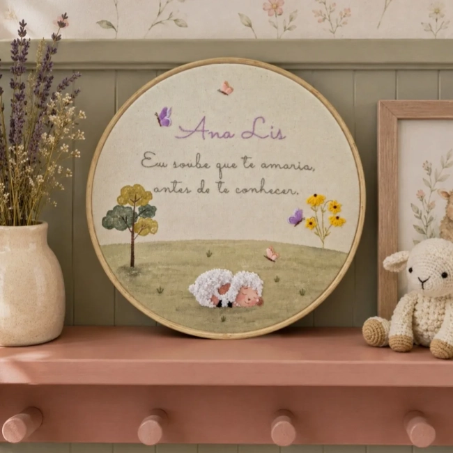 Porta Maternidade Ovelhinha com Nome | Bordado à Mão e Aquarela Personalizado