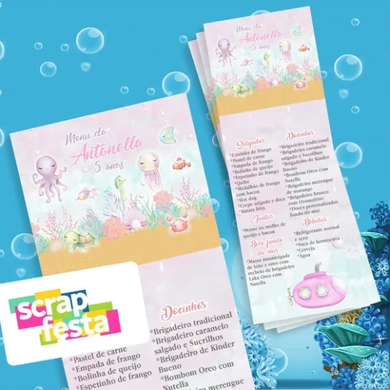 Menu Cardápio Personalizado Festa Fundo do Mar Aquarela
