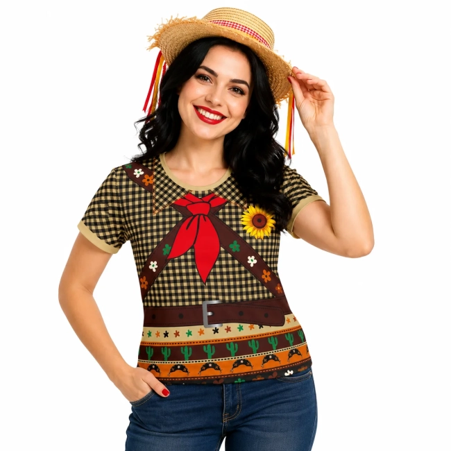 Blusa Fantasia Adulto Espantalho Caipira de Festa Junina com Girassol