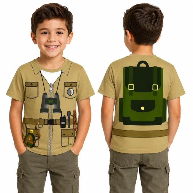 Camiseta infantil Fantasia Explorador Safari Estampa Realista com Binóculo