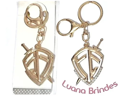 Chaveiro Fé Dourado com Strass 6cm Pacote com 2 Unidades