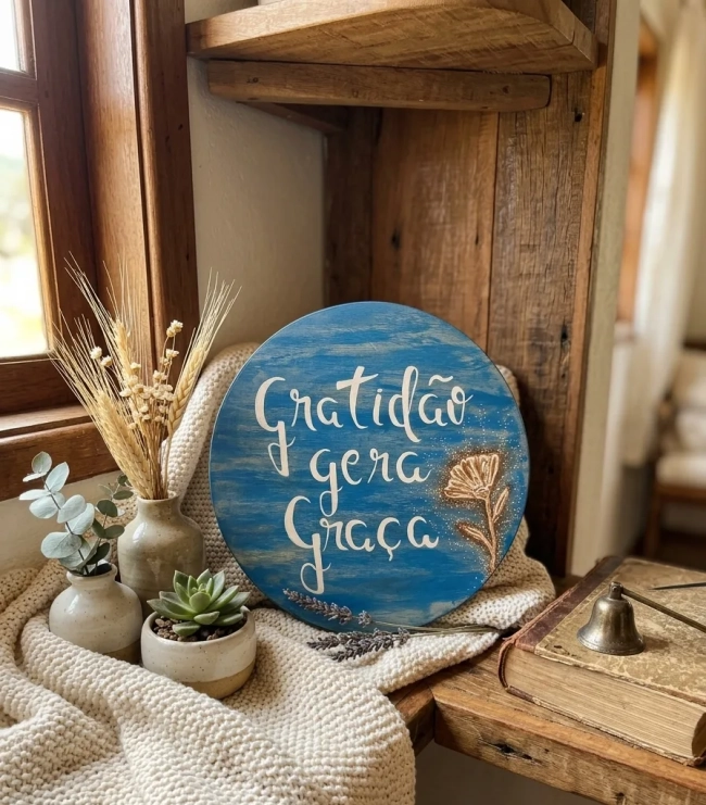 Placa Decorativa de Mesa Madeira Pinus Gratidão Gera Graça 20cm