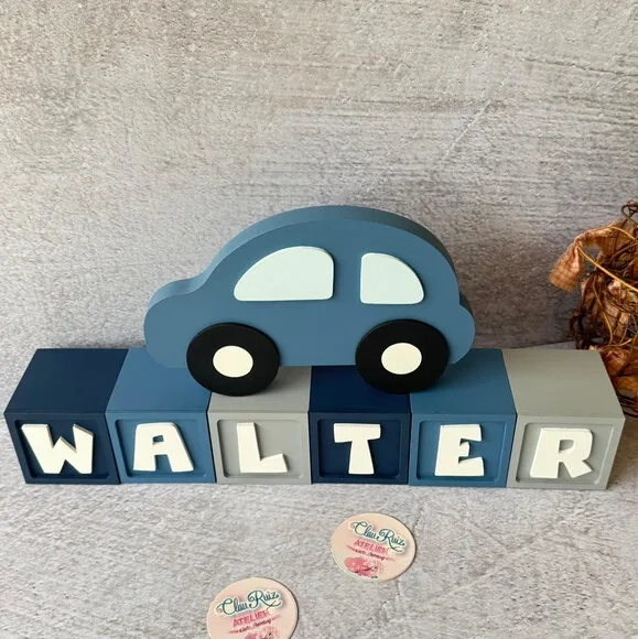 Carrinho Enfeite + Nomes em Cubo - Decoração Bebê