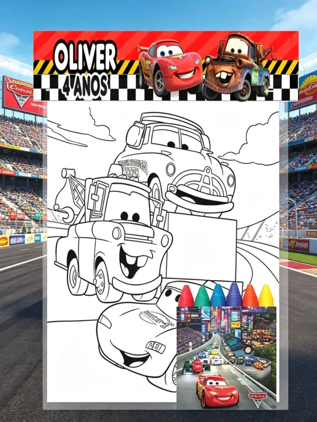 Kit Colorir com Giz de Cera Personalizado dos Carros Disney