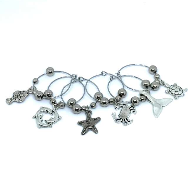 Marcadores de Taças e Copos em Metal Tema vida marinha- para Festas e Jantares Kit com 6 aros