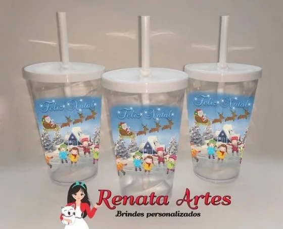Copo com Canudo 500ml Personalizado de Natal