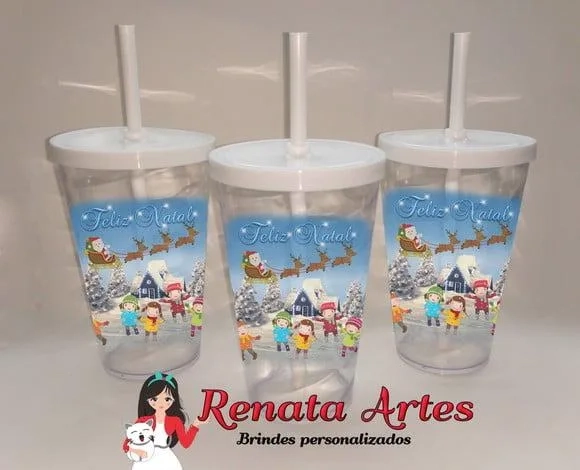 Copo com Canudo 500ml Personalizado de Natal
