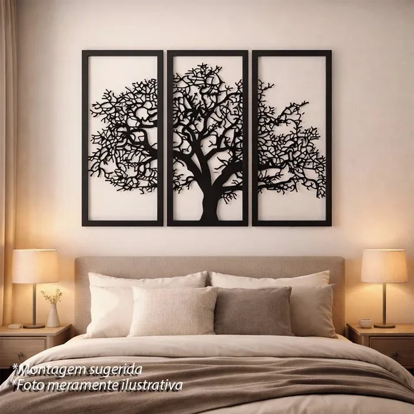 Trio Quadros Decorativos Vazados Árvore da Vida 3d Preto mdf