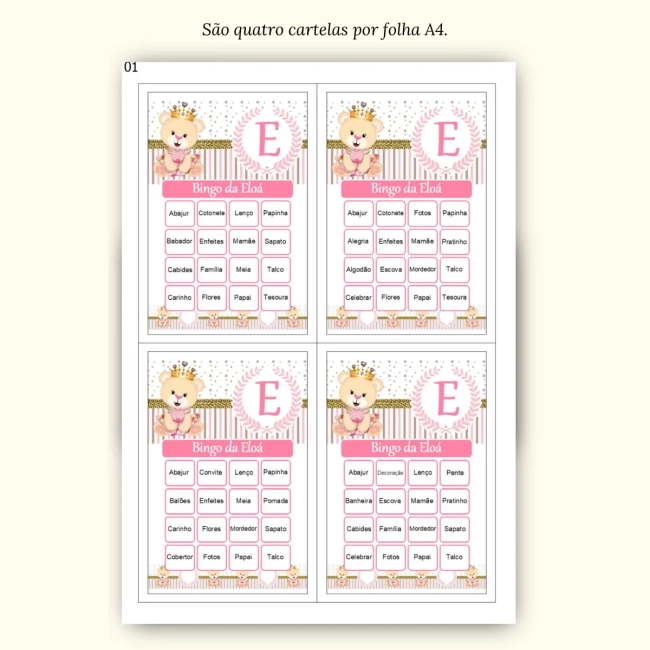 Bingo Chá de Bebê Menina Pdf Para Imprimir