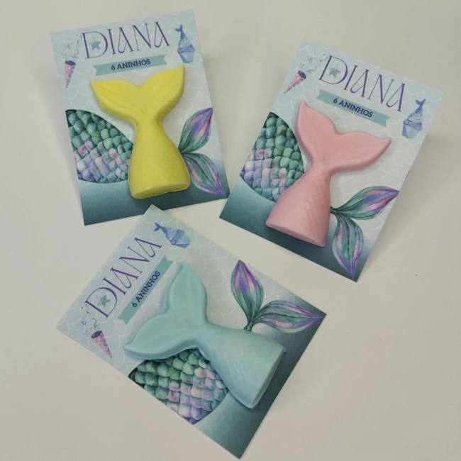 20 uni Lembrancinha Mini Sabonete Calda/ Rabo de Sereia Perfumado no Cartão Aniversário, Chá de Bebê, Batizado e etc.