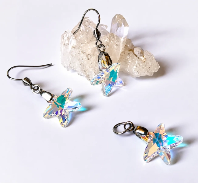Conjunto Brinco e Pingente estrela do mar de Cristal Aço Inox Hipoalergênico
