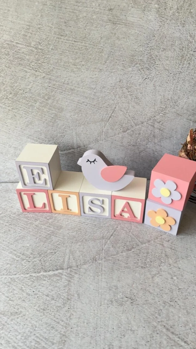 Passarinho + Cubos 6x6cm Ts - Decoração Bebê e Maternidade