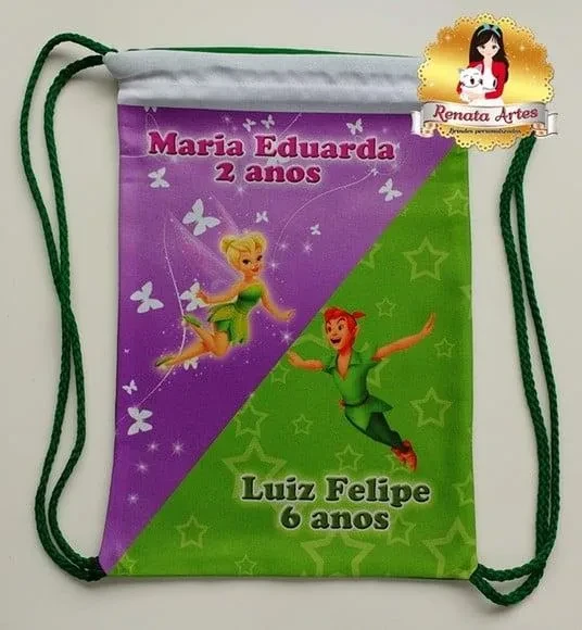 Mochilinha de Tecido Personalizada Sininho e Peter Pan