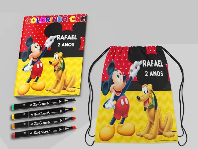 Kit Mochila e Revista de colorir com Canetinhas Mickey