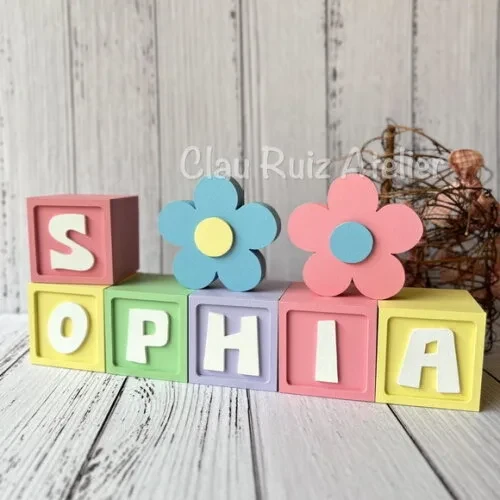 Decoração Bebê - Cubos 6x6cm Candy Ts + Dupla de Flor
