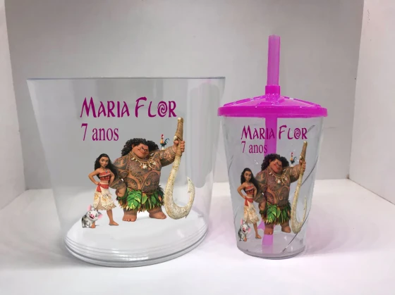 Kit Balde de Pipoca acrilico + Copo twister Personalizado da Moana