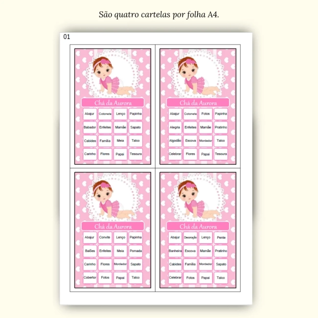 Bingo Chá de Bebê Menina Pdf Para Imprimir