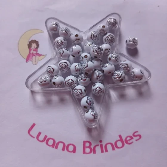 Bolinha Branca com Flor Prata 8mm Pct 100 Unidades