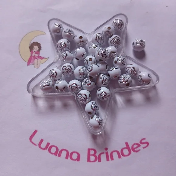 Bolinha Branca com Flor Prata 8mm Pct 100 Unidades