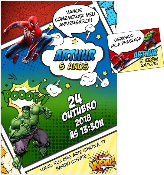 CONVITE DIGITAL C/TAG Cartoon Homem Aranha e Hulk