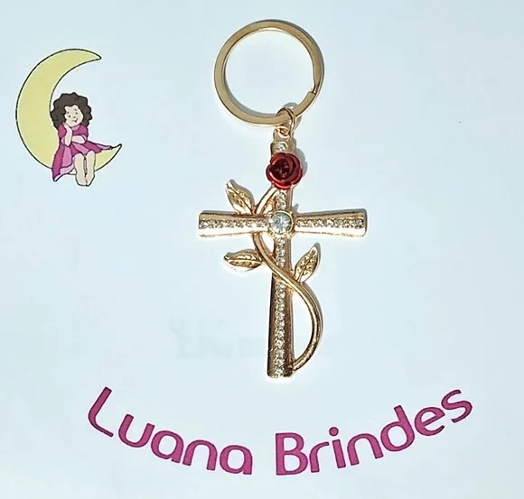 Chaveiro Crus e Rosa Metal Dourado Pacote com 1 Peça