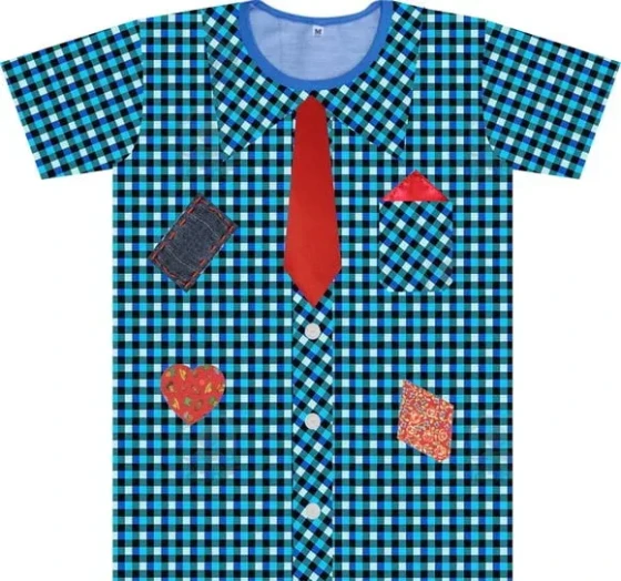 Camiseta Adulto Fantasia Festa Junina Camisa Xadrez Azul com Gravata e Remendos