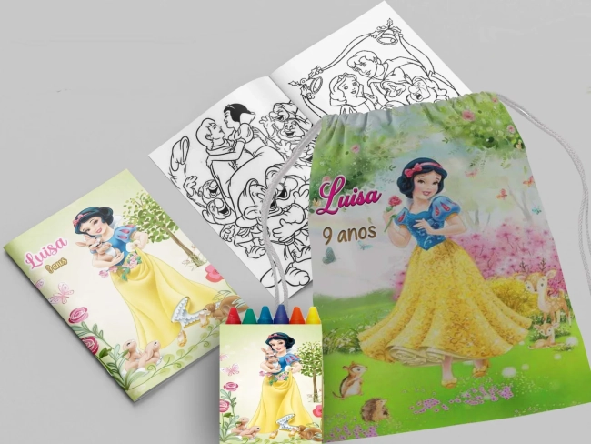 Kit Mochila e Revista de colorir para lembrancinha da Branca de Neve