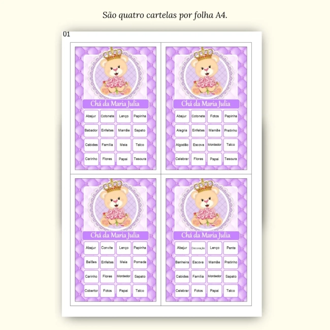 Bingo Chá de Bebê Menina Pdf Para Imprimir