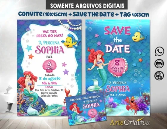 Convite + Save The Date C/tag Digital Pequena Sereia Ariel