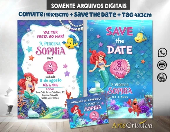 Convite + Save The Date C/tag Digital Pequena Sereia Ariel