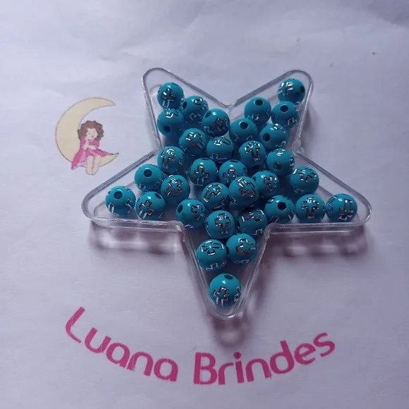 Bolinha Azul com Cruz Prata 8mm Pct 100 Unidades