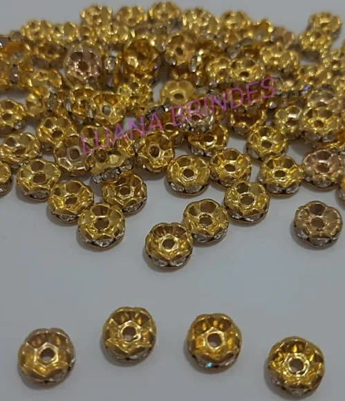 Rondela de Metal Dourado com Strass - 8mm - pct com 12 unid
