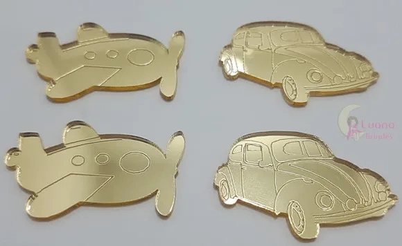 Apliques Veículos Acrílico Espelhado Dourado -pct C/6 Unid
