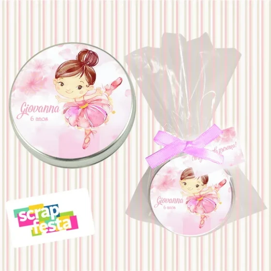 Latinha, Saquinho, Fitinha e Tag Personalizada Bailarina