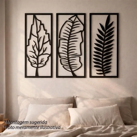 Trio Quadros Decorativos Vazados Folhagem Tropical 3d Preto