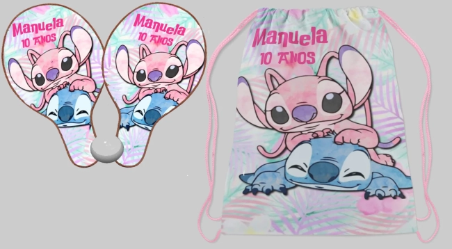 Kit Mochilinha e Raquete ping Pong Personalizada da Agel e Stitch