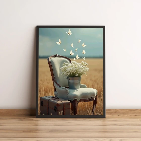 Quadro Campo Vintage com Borboletas e Flores 2618